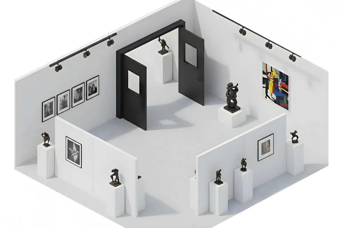 Isometric view of a gallery layout showing swinging doors guiding visitor flow between rooms