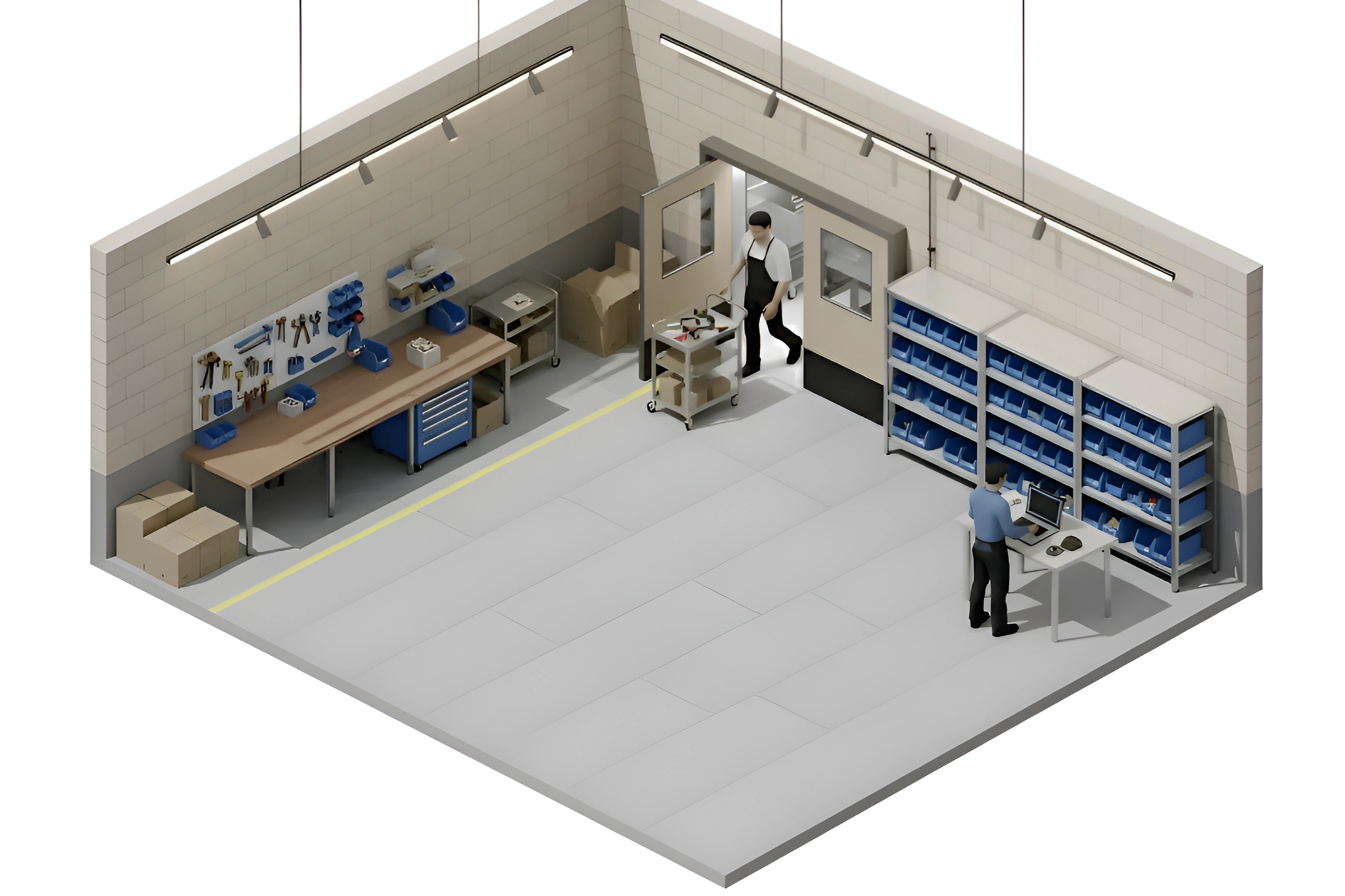 Isometric view of a maintenance shop showing swinging door placement between work zones