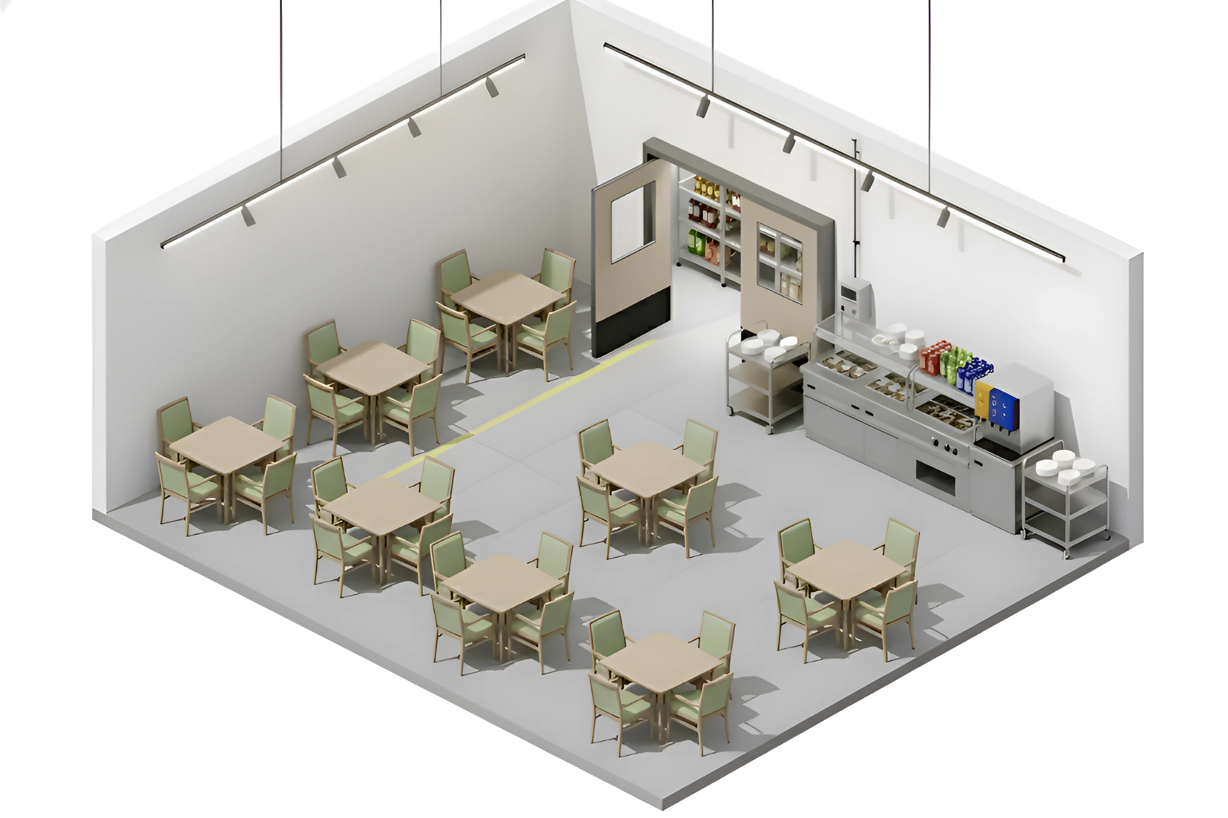 Isometric view of a nursing home dining area showing swinging doors between service and seating spaces