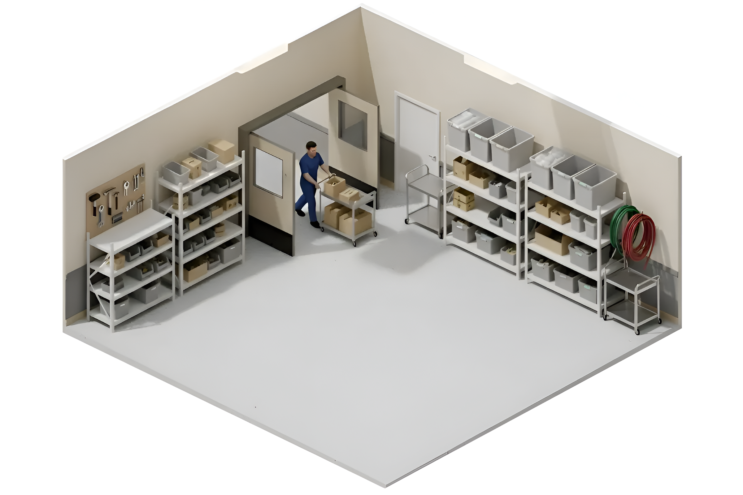 Isometric view of an equipment storage room with shelving, carts, and a swinging door allowing smooth access