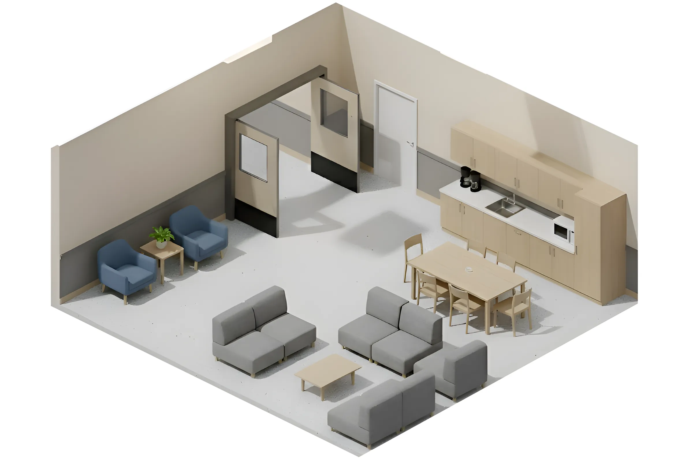 Isometric view of an exhibit room layout showing swinging doors connecting shared spaces