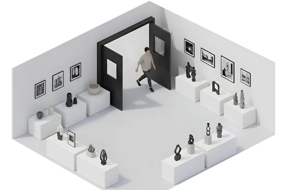 Isometric view of exhibit room showing swinging doors guiding movement between displays