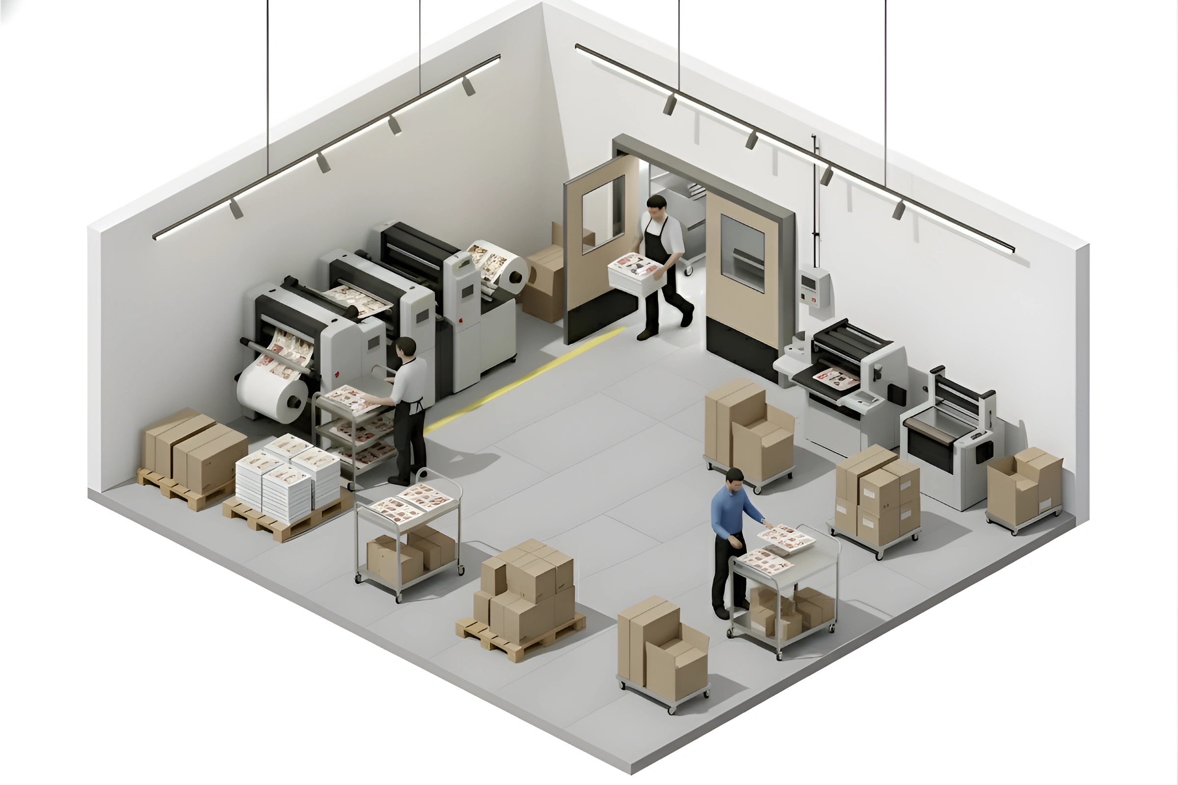 Isometric view of printing room with beige double swinging doors, workers moving stacks and carts to illustrate workflow efficiency