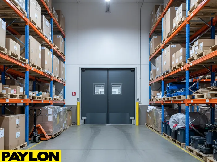 Large equipment storage area with industrial shelving and swinging doors supporting daily movement