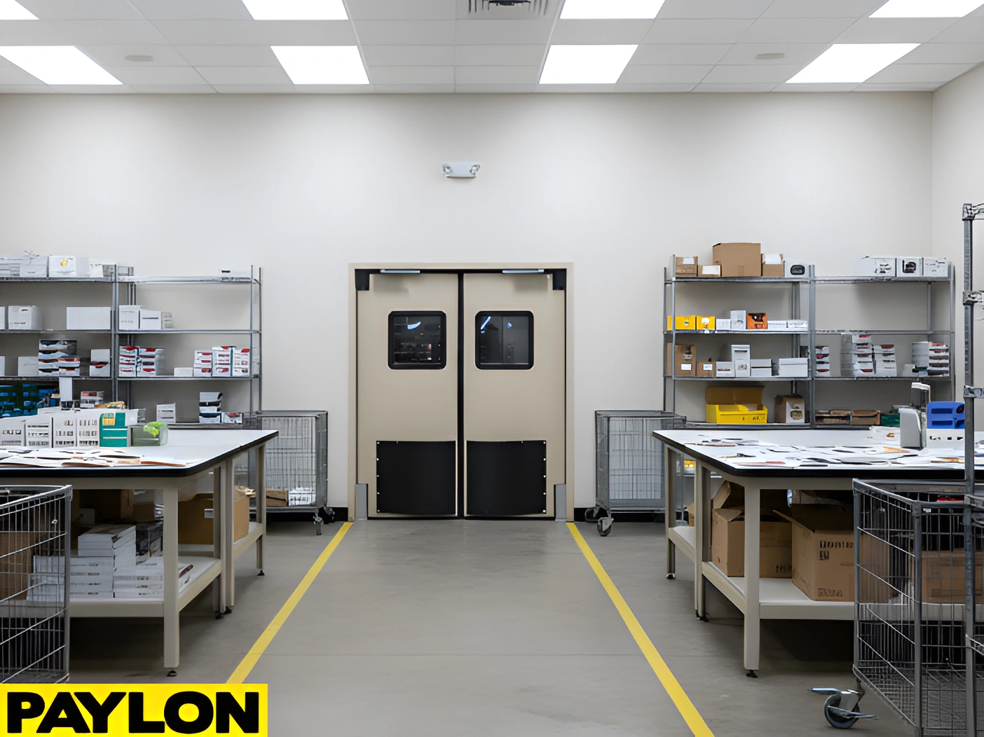 Mail room with black double swinging doors, wire shelving on both sides, organized package storage