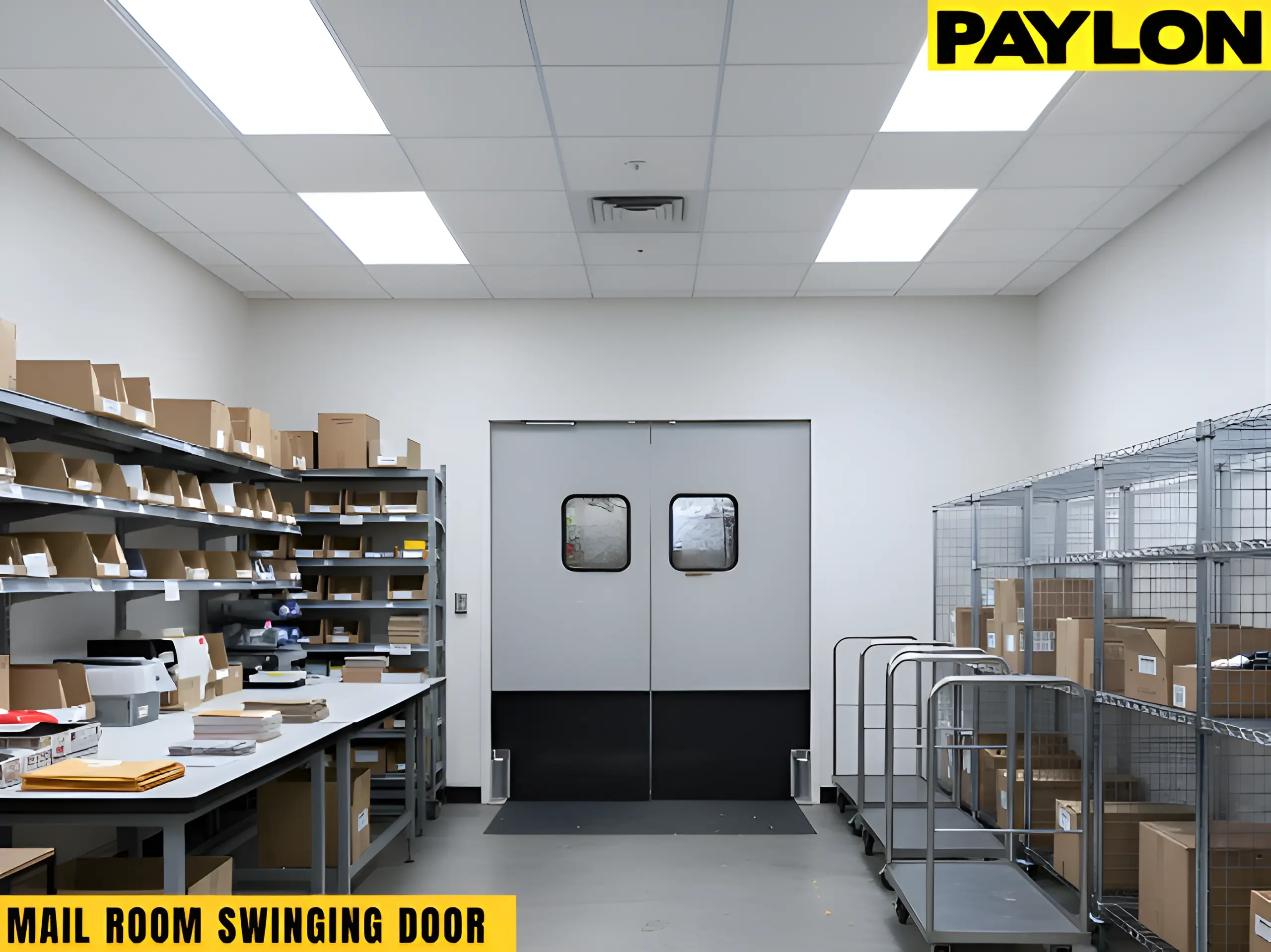 Mail room with double swinging door, shelves on either side, packages and carts ready for delivery