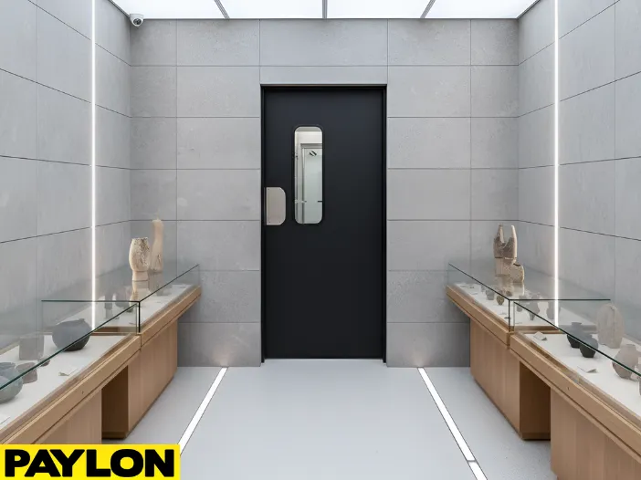 Modern exhibit room with swinging doors and clear transition between displays