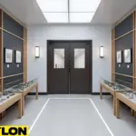 Museum exhibit hallway with swinging doors supporting steady visitor movement