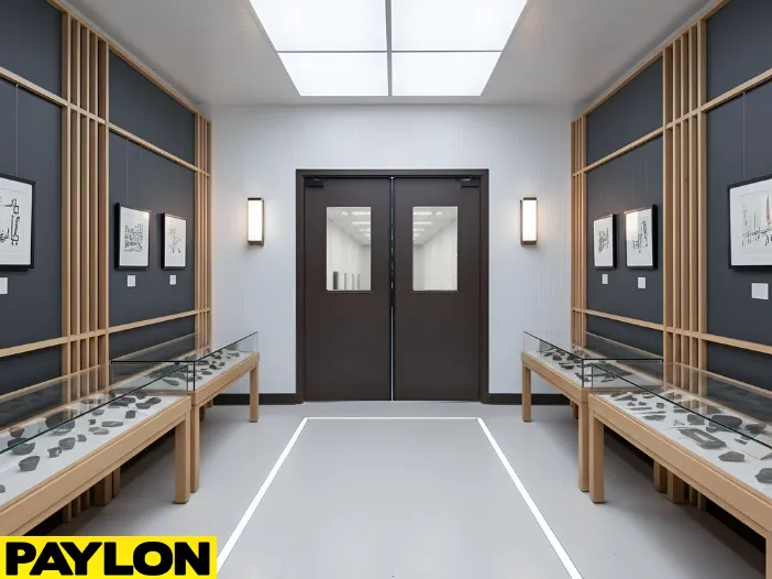 Museum exhibit hallway with swinging doors supporting steady visitor movement