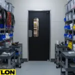 Narrow equipment storage room with a single swinging door providing quick access between work areas