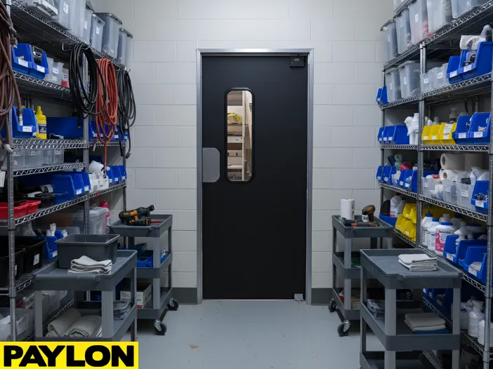 Narrow equipment storage room with a single swinging door providing quick access between work areas