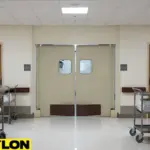 Nursing home corridor using swinging doors to manage shared movement of residents and care carts