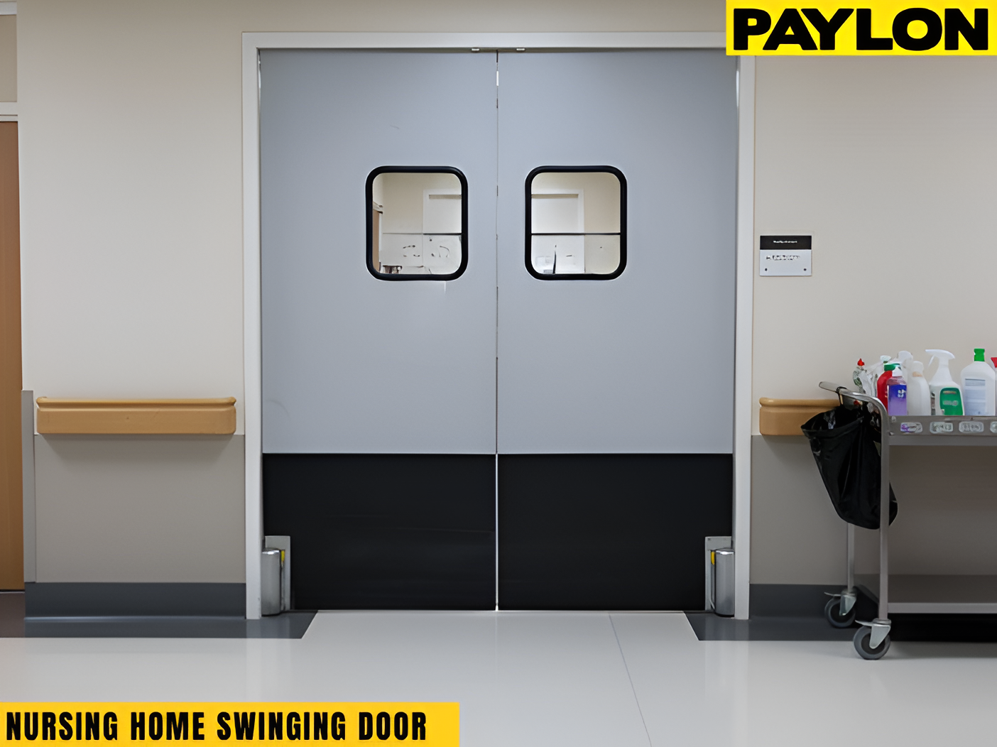 Nursing home hallway with double swinging doors designed for smooth staff and equipment movement