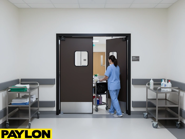 Nursing home staff moving cleaning cart through swinging doors without stopping workflow