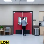 Person pushing through red swinging doors used for exhibit room access in a public area