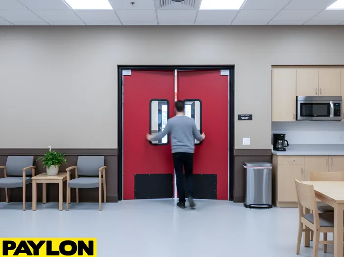 Person pushing through red swinging doors used for exhibit room access in a public area