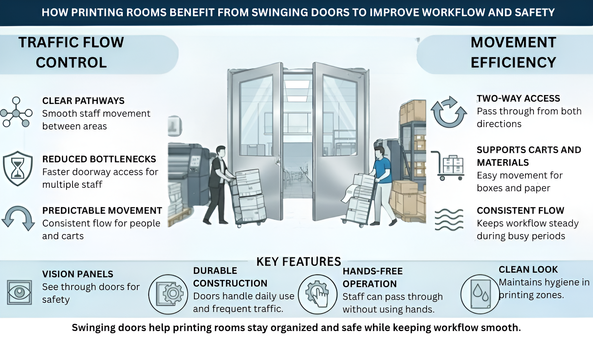 Printing room infographic with gray swinging doors, showing traffic flow, movement efficiency, key features, and workflow benefits
