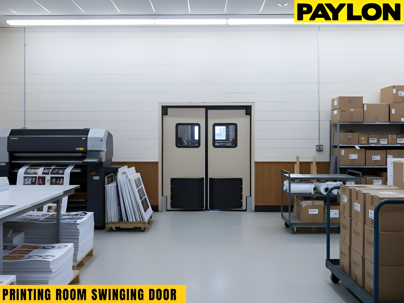 Printing room with beige double swinging door, showing organized workflow and clear access for staff and material