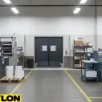 Printing room with beige double swinging door, showing organized workflow and clear access for staff and materials