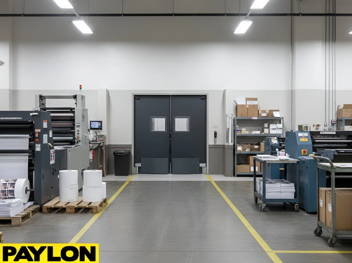 Printing room with beige double swinging door, showing organized workflow and clear access for staff and materials