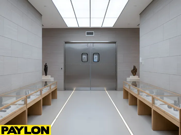 Public display space using swinging doors to manage movement between exhibit areas