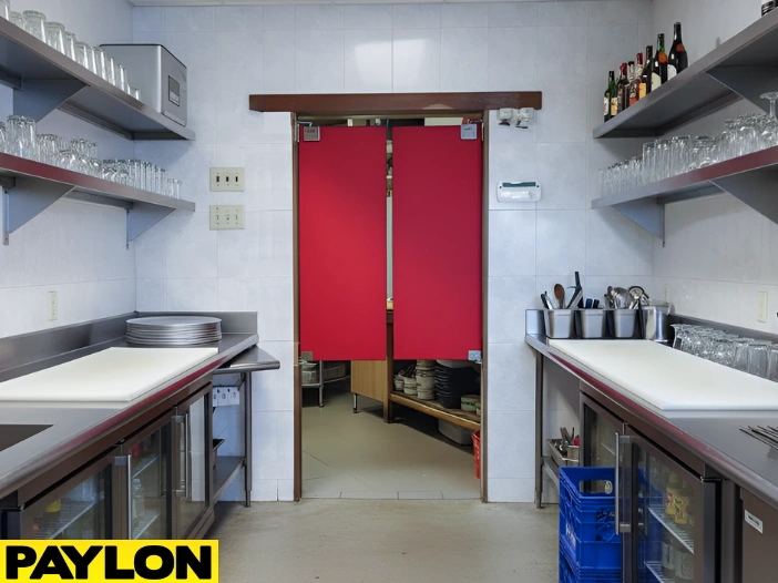 Red bar swinging doors in a commercial bar, dividing storage area from prep and service zones.