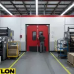 Red double swinging doors in an industrial printing area with a worker moving carts, illustrating heavy-duty workflow use