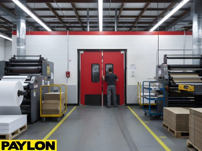 Red double swinging doors in an industrial printing area with a worker moving carts, illustrating heavy-duty workflow use