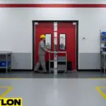 “Red factory room swinging door installed for fast internal movement and organized workflow in busy production areas.”