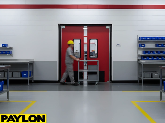 “Red factory room swinging door installed for fast internal movement and organized workflow in busy production areas.”