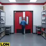Red swinging doors in an equipment storage room allowing hands-free entry while carrying supplies