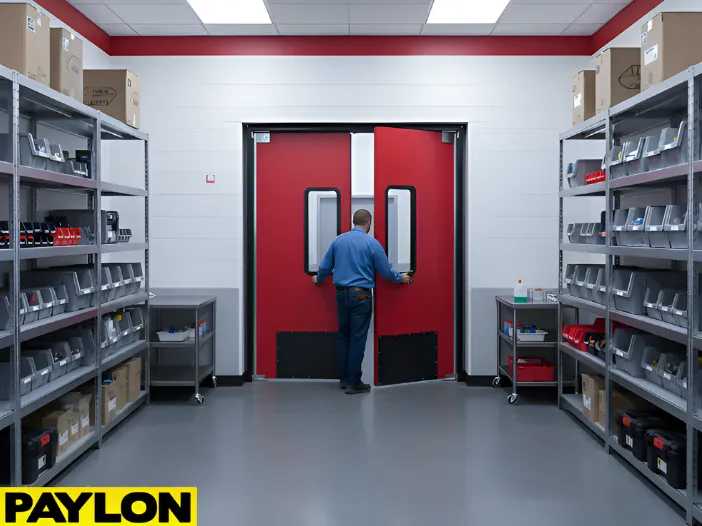 Red swinging doors in an equipment storage room allowing hands-free entry while carrying supplies