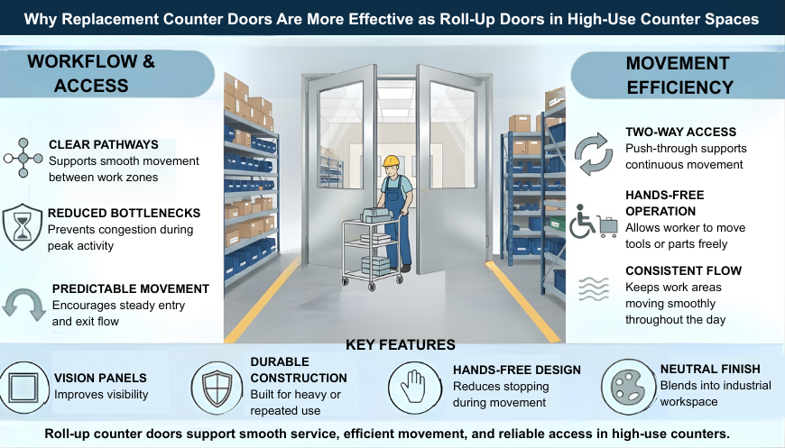 Roll-up counter doors in a high-use workspace, showing clear pathways, reduced bottlenecks, and smooth movement for efficient workflow with key features highlighted