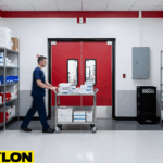 Rolling cart passing through swinging doors in a high traffic service area