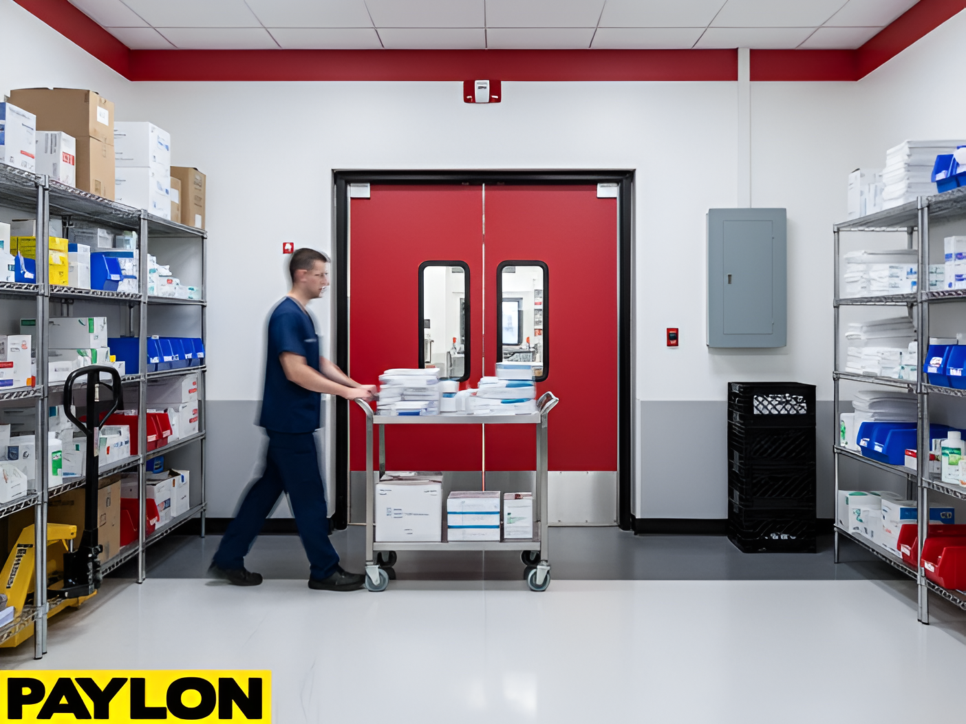 Rolling cart passing through swinging doors in a high traffic service area