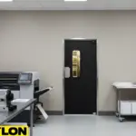 Single black swinging door in a small printing area with nearby equipment, highlighting space-saving design and visibility panel
