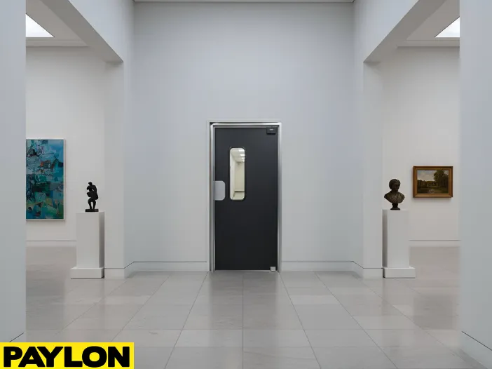 Single gallery entrance door positioned between exhibition spaces with artwork on display