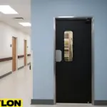 Single nursing home swinging door providing easy access between care corridors