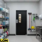 Single swinging door in a cleaning room supporting steady movement between daily tasks