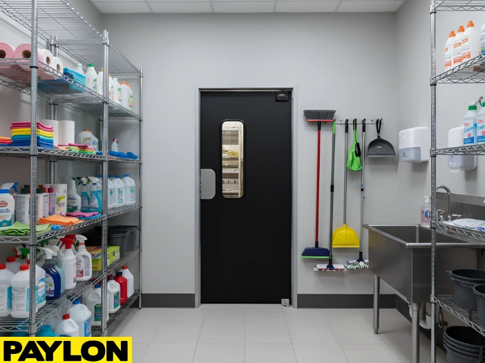 Single swinging door in a cleaning room supporting steady movement between daily tasks