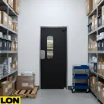 Single swinging door in a staff storage room with organized shelving and packaged inventory