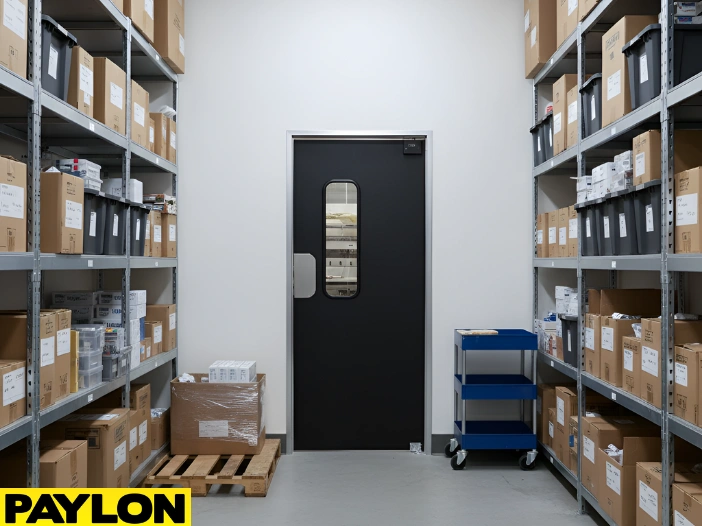 Single swinging door in a staff storage room with organized shelving and packaged inventory