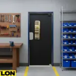 Single swinging door providing access between maintenance shop rooms