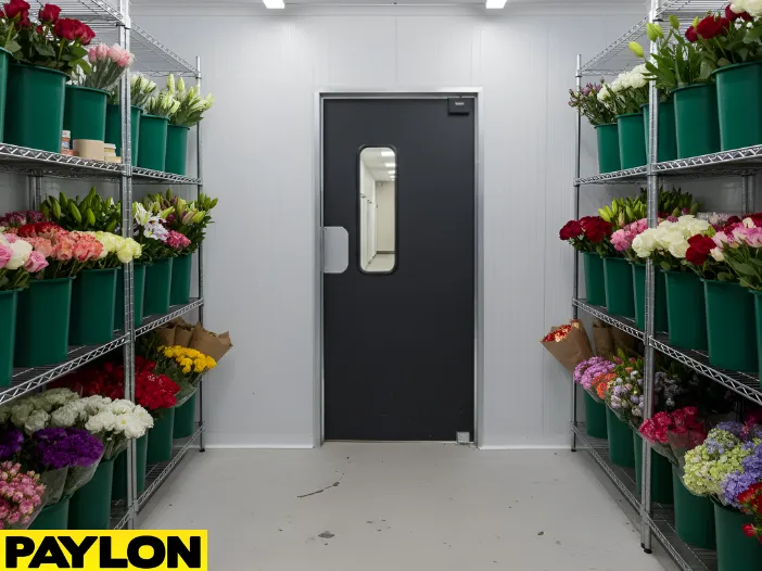 Small walk-in floral cooler layout with flower storage racks and a single access door for daily operations