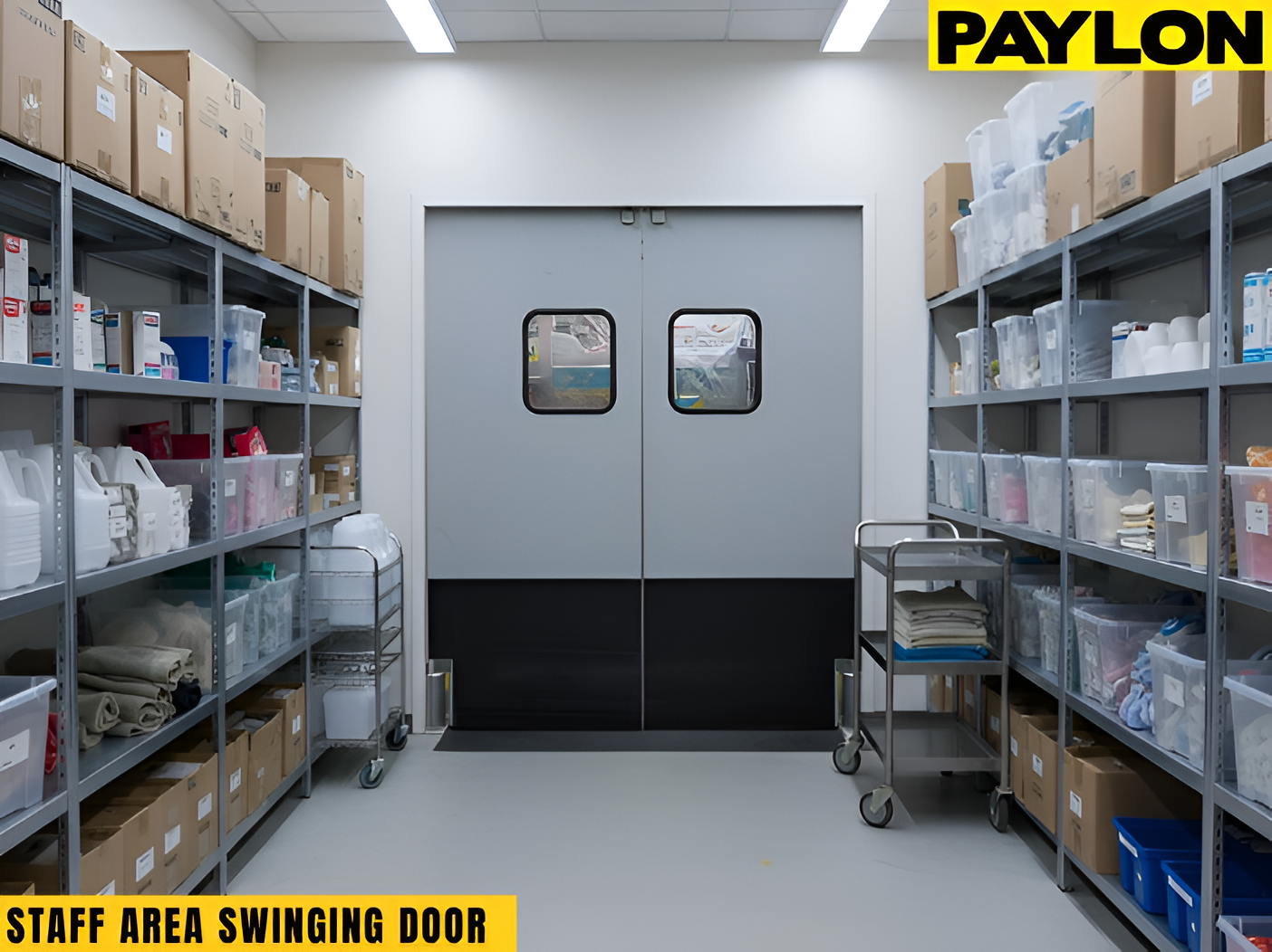 Staff area swinging doors in a storage corridor with shelving, boxes, and supply carts