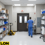 Staff member moving through a service corridor with swinging doors separating storage and work areas