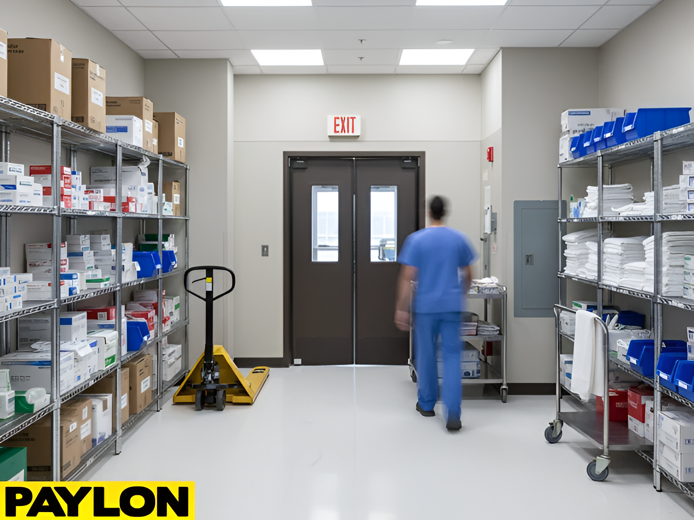 Staff member moving through a service corridor with swinging doors separating storage and work areas
