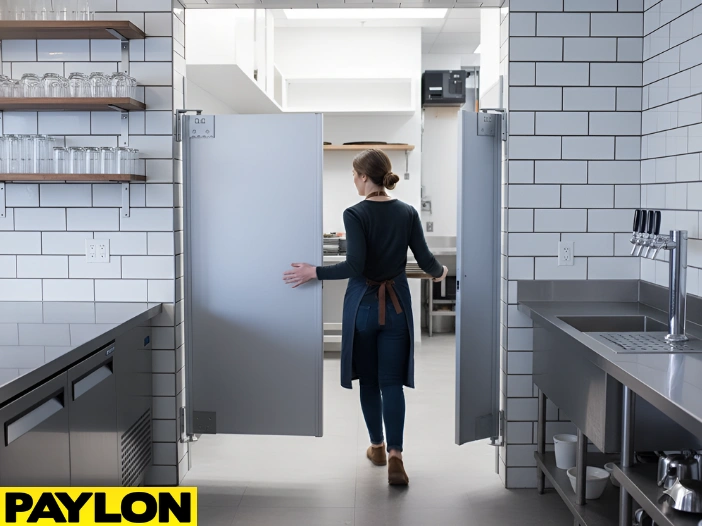 Staff member opening gray swinging doors in a bar prep area, demonstrating two-way traffic flow and efficiency.