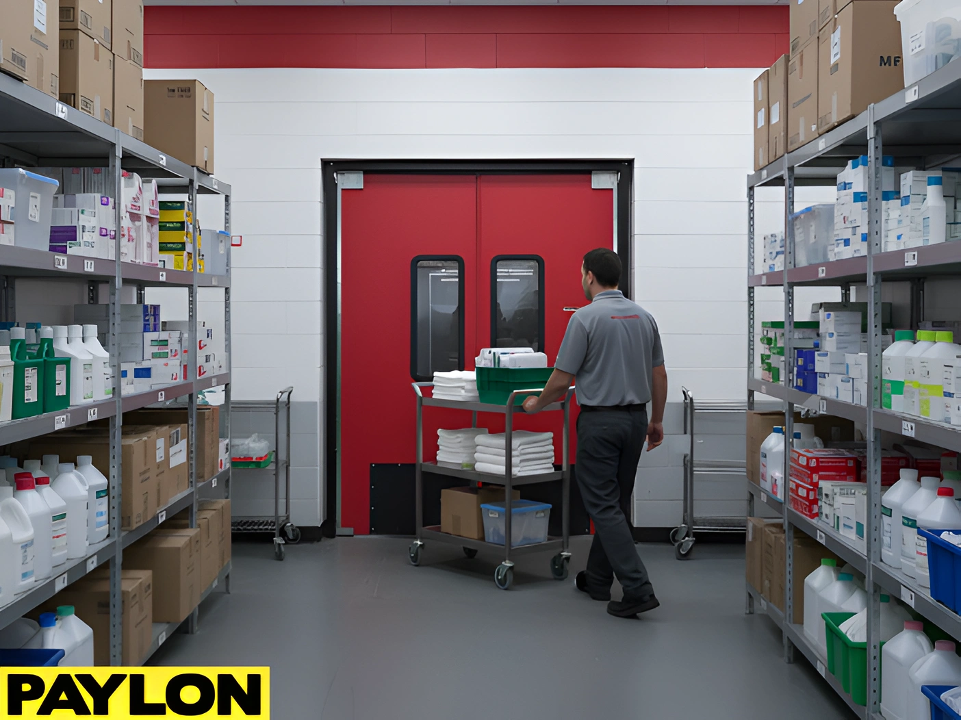 Staff member pushing a cart through red swinging doors in a busy back-of-house storage areas