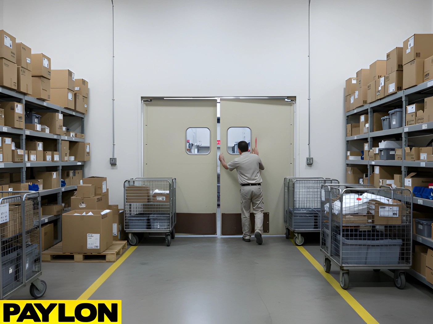 Staff member pushing open beige double swinging doors in busy mail room with carts on both sides
